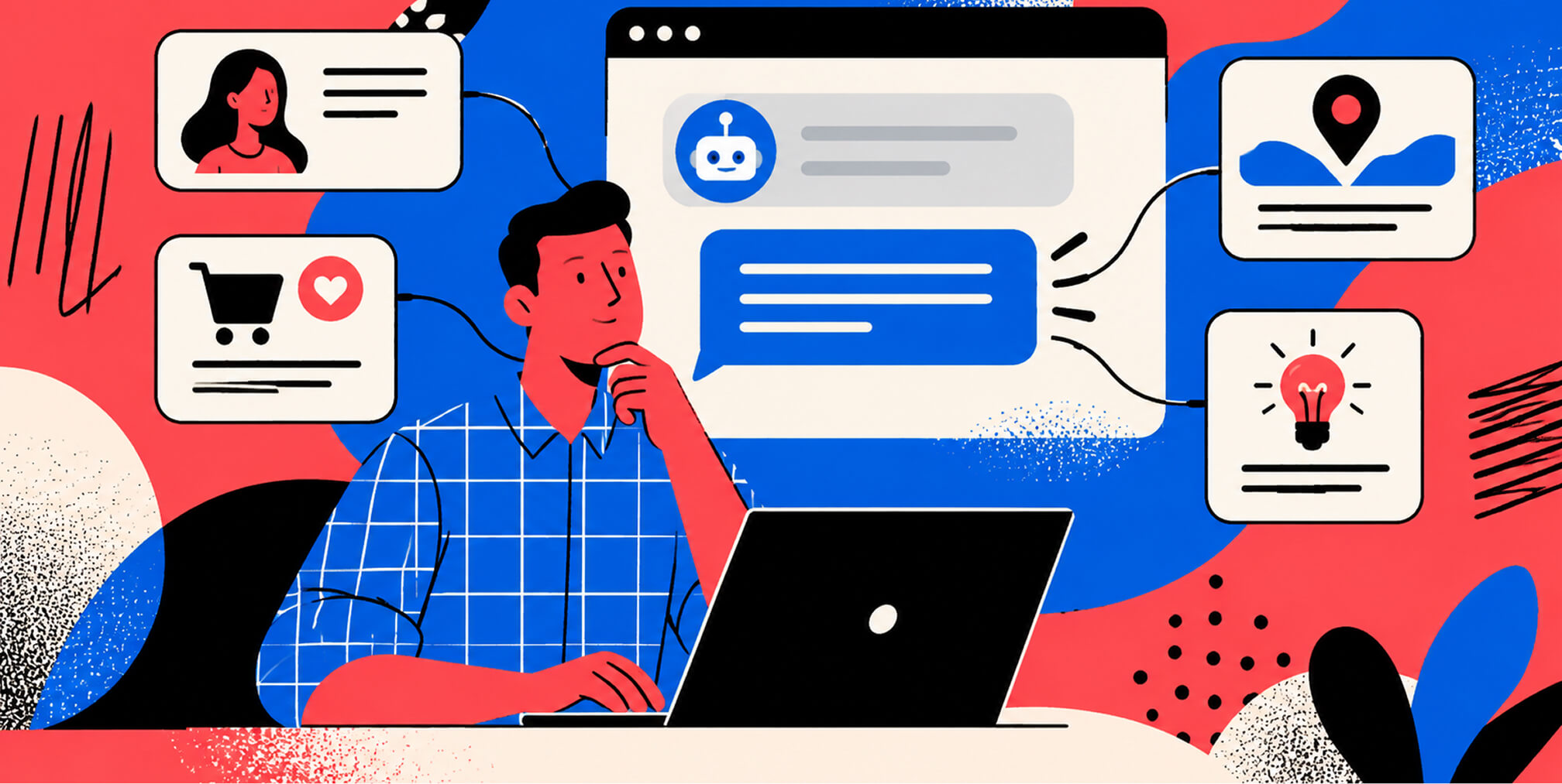 Illustration of a marketer using a laptop with a ChatGPT interface connected to customer, shopping, location, and intent signals for ad context.