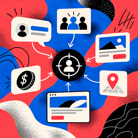Illustration of a central audience target connected to customer profiles, demographics, budget, location, content, and website context.