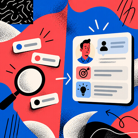 Illustration of scattered audience signals being analyzed and organized into a structured customer profile with goals and interests.