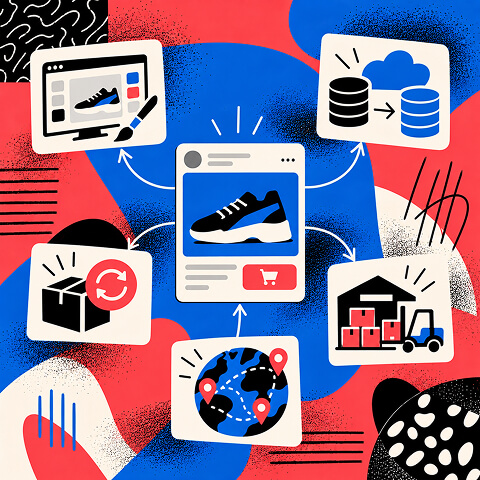 Illustration of an e-commerce product page connected to inventory, fulfillment, location, product data, and creative assets.
