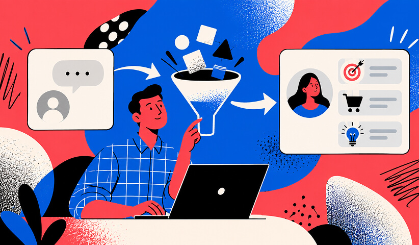 Illustration of a marketer filtering conversational signals into a structured customer profile containing intent, shopping, and interest data.