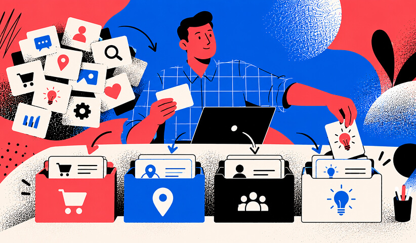 Illustration of a marketer organizing customer signals into categories for shopping intent, location, audience information, and interests.