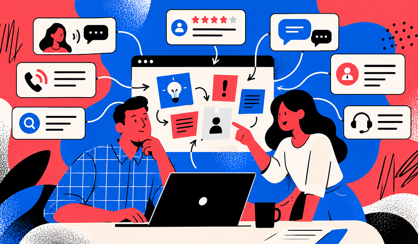 Illustration of marketers reviewing customer feedback, search activity, reviews, messages, calls, and support interactions to inform advertising context.
