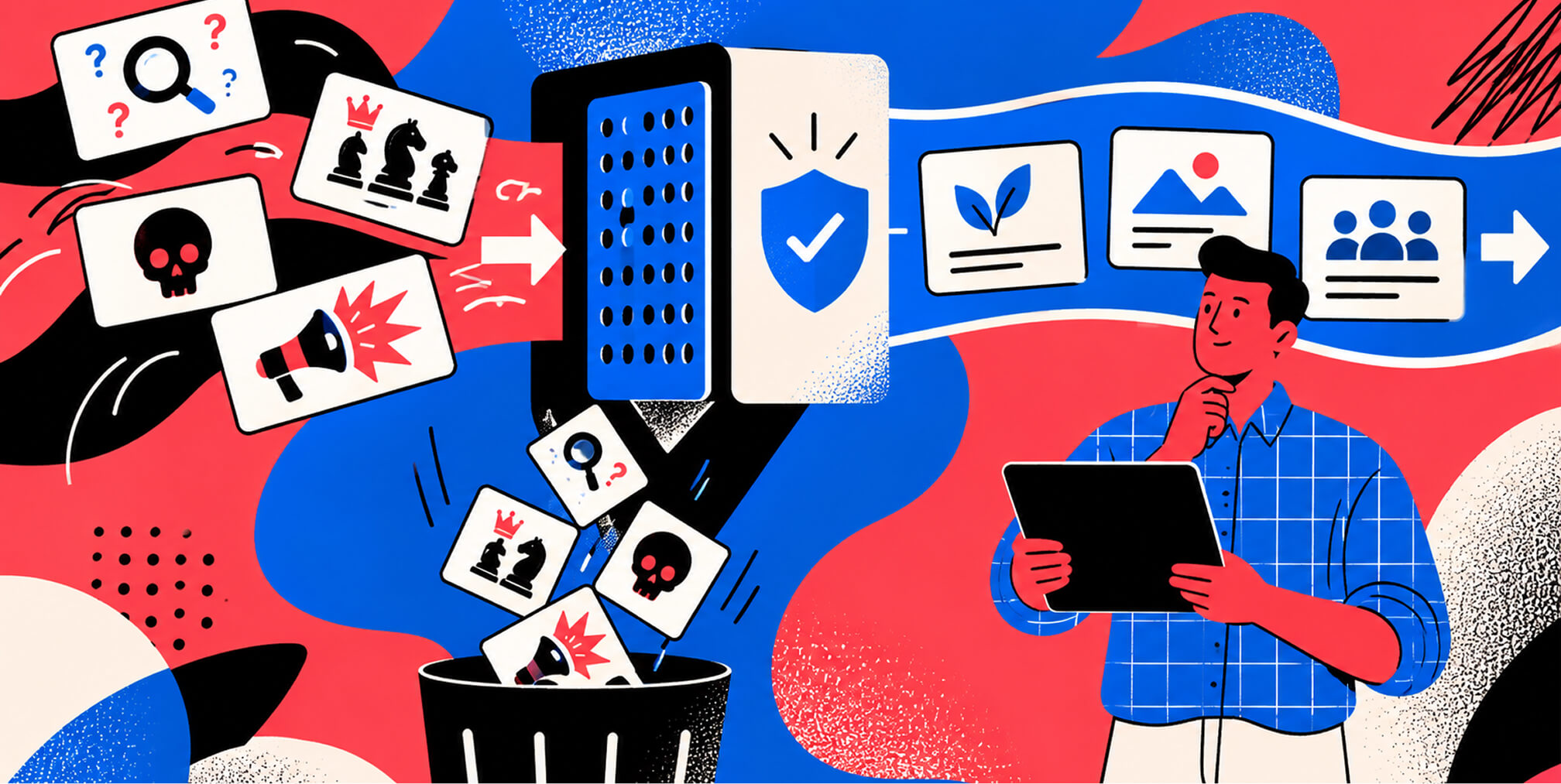 Illustration of irrelevant or risky audience signals being filtered out while useful contextual signals continue toward an advertising strategy.