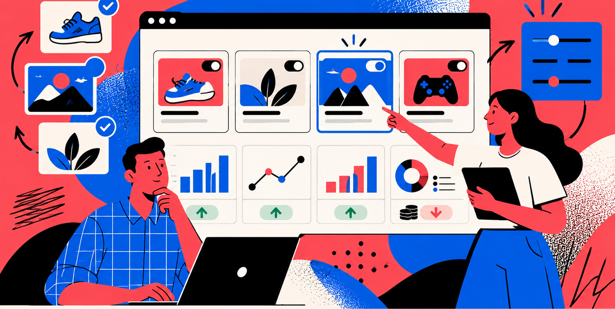 Illustration of marketers reviewing and optimizing contextual ad signals, product content, performance metrics, and campaign settings.