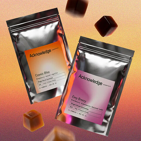 Acknowledge Cosmic Bliss and Easy Breezy gummy pouches displayed with individual gummies against a warm gradient background.