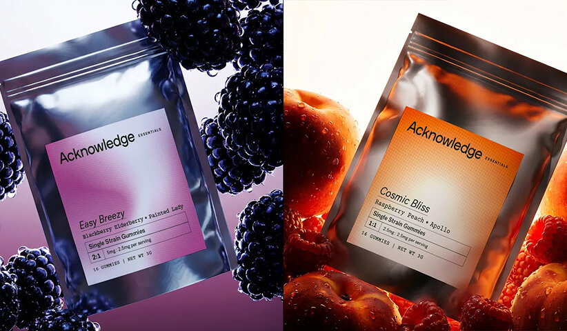 Acknowledge Easy Breezy blackberry elderberry gummies and Cosmic Bliss raspberry peach gummies displayed alongside fresh fruit.