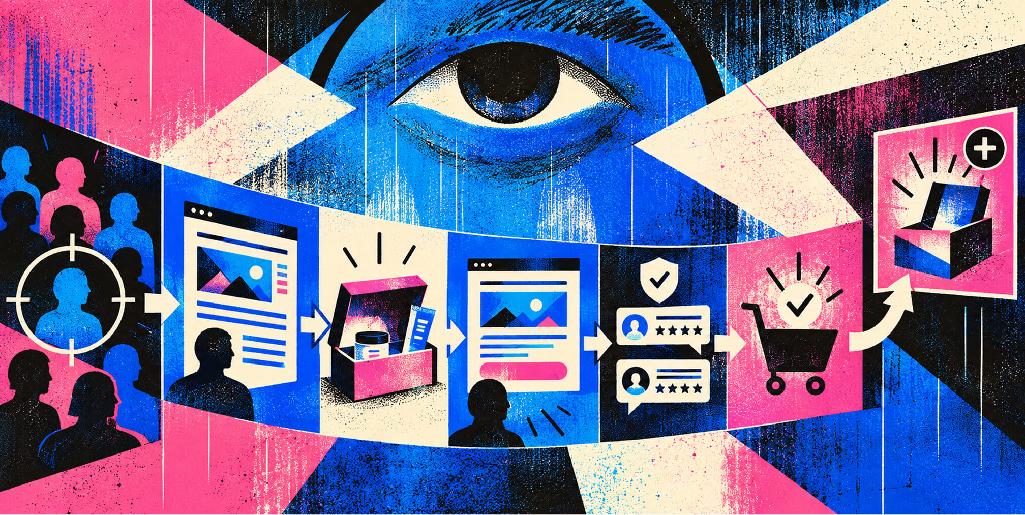 Illustration of a cannabis marketing funnel moving from audience targeting and product education through reviews, trust signals, purchase, and retention.