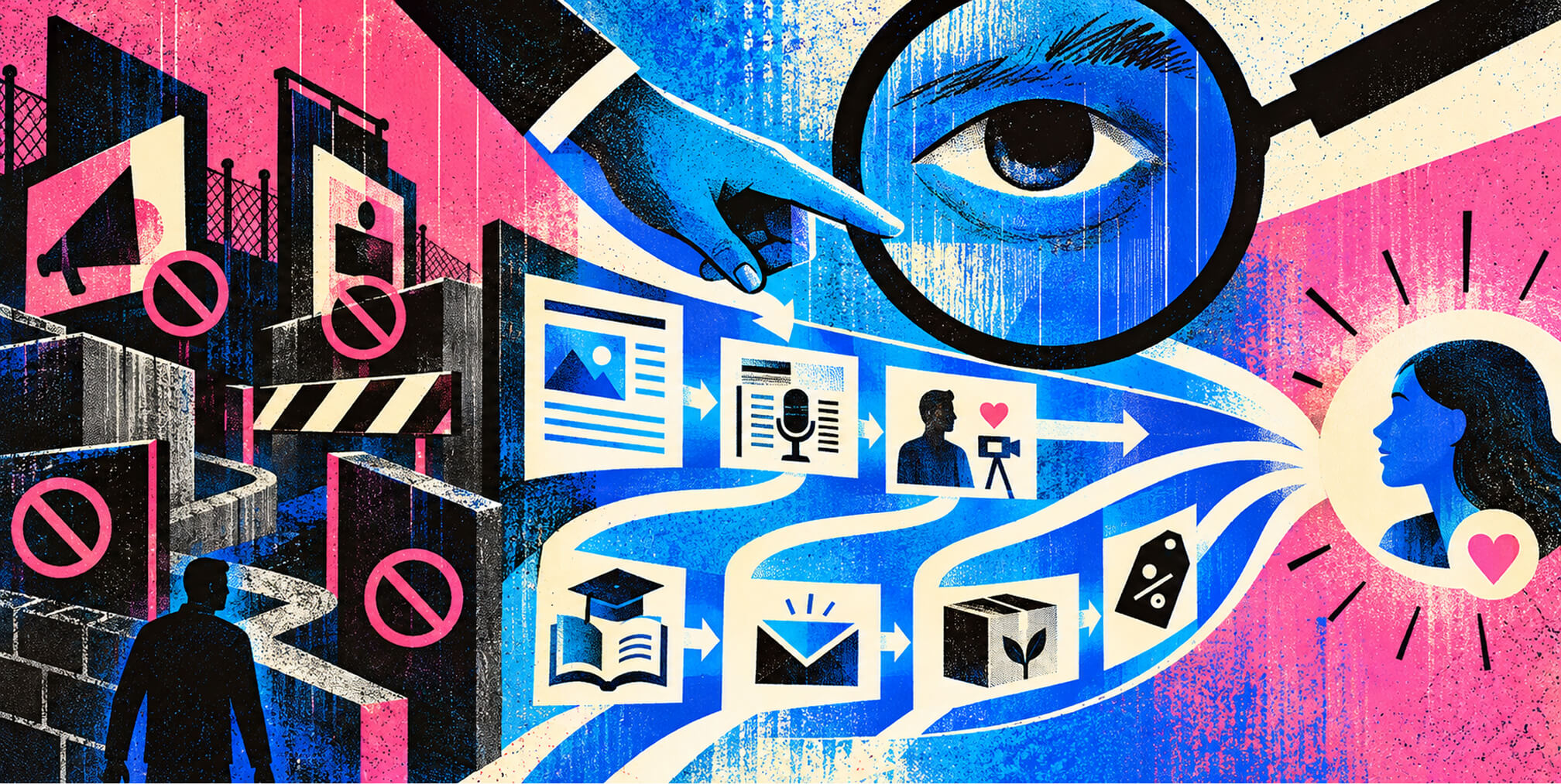 Illustration of compliant cannabis marketing channels guiding customers through content, email, product education, and offers while restricted advertising paths are blocked.