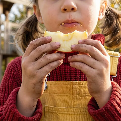 Close-up of a child eating an apple outdoors with visibly dirty hands, illustrating situations where convenient hand cleaning may be needed.