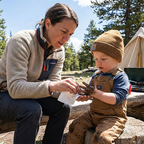 Parent helping a young child clean dirty hands while camping outdoors near a tent.