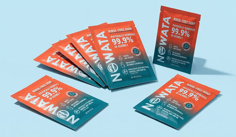 Multiple NOWATA rinse-free soap packets arranged across a light blue background.