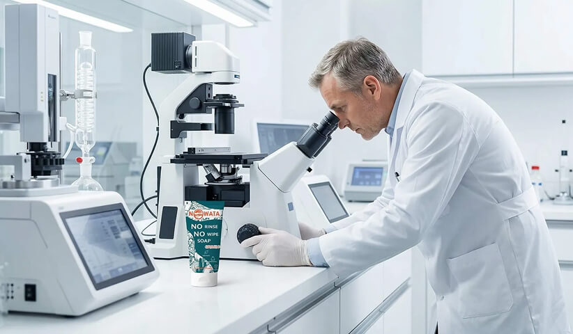 Scientist examining NOWATA rinse-free soap in a bright laboratory with a microscope and testing equipment.
