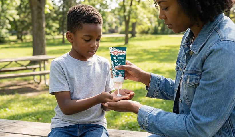 Mother applying NOWATA rinse-free soap to a child's hands while sitting at a picnic table in a park.