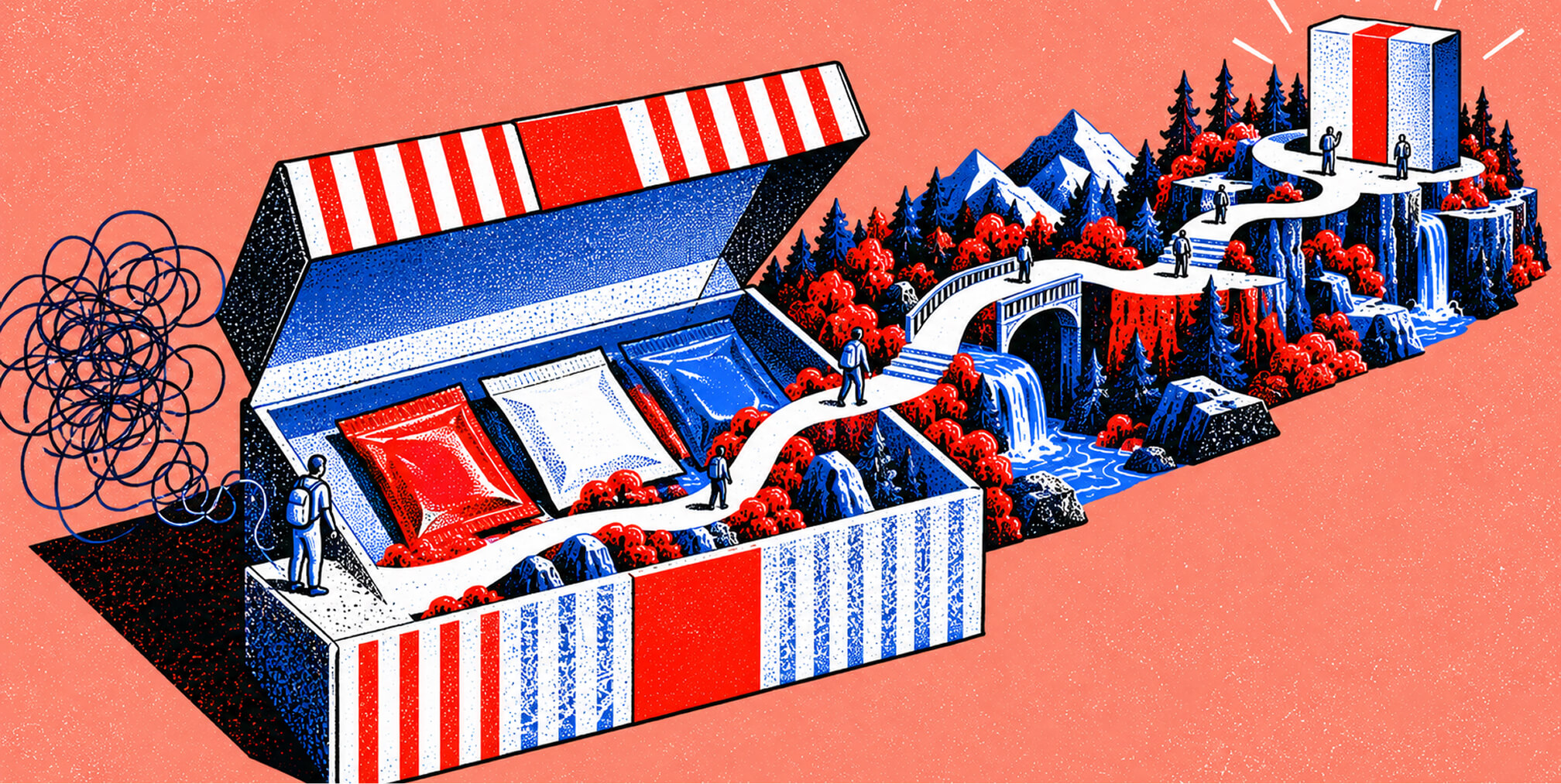 Editorial illustration of an open product box leading into a winding customer journey toward a larger gift box, representing a free-plus-shipping acquisition funnel.