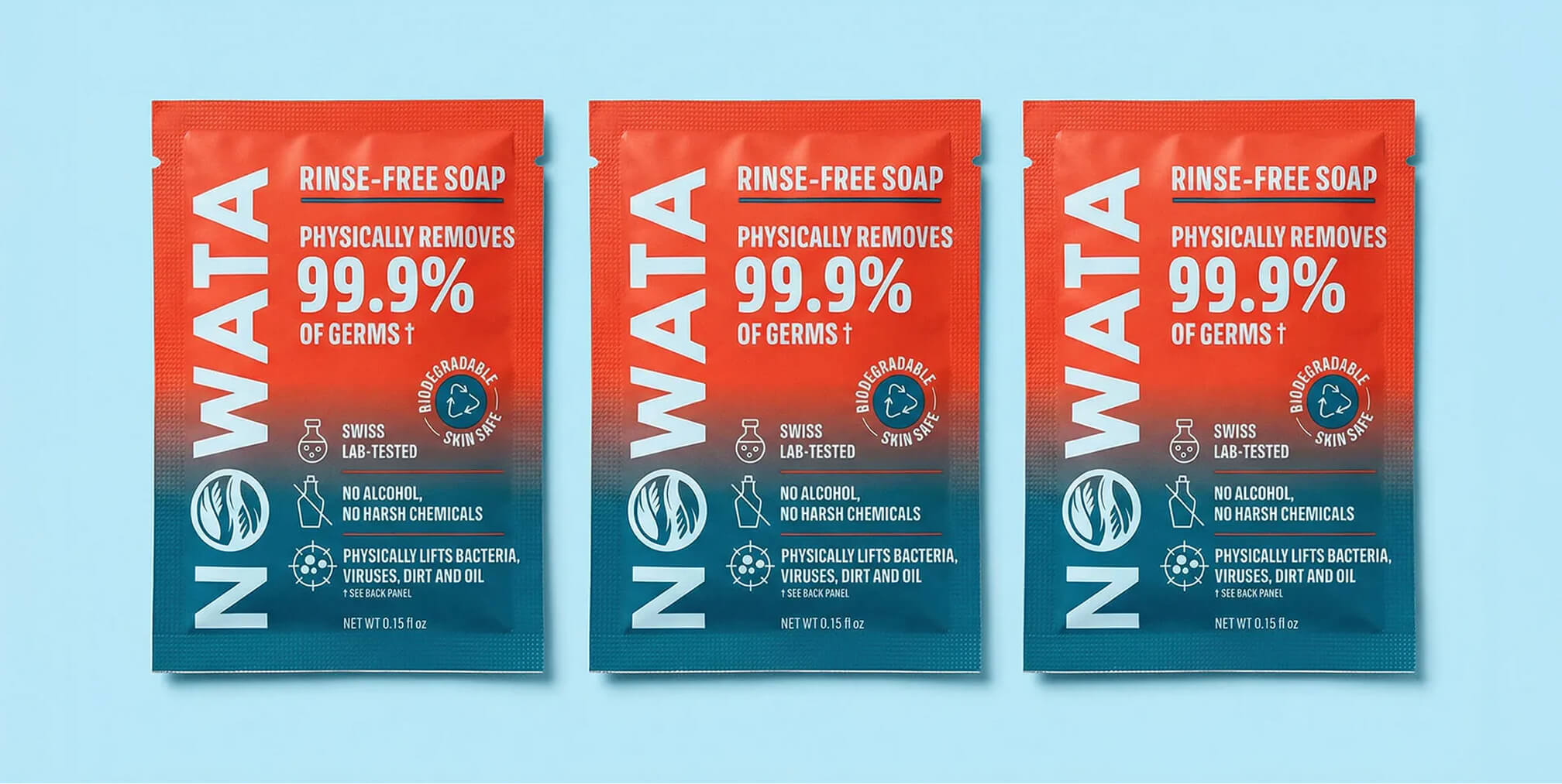 Three NOWATA rinse-free soap packets displayed side by side against a light blue background.