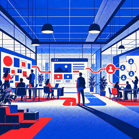 Modern agency workspace showing connected teams collaborating on website design, branding, and audience strategy.