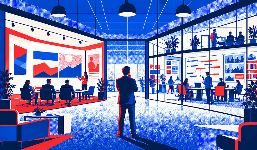 Executive evaluating two agency teams, with one focused on creative branding and the other on strategy, research, and digital execution.