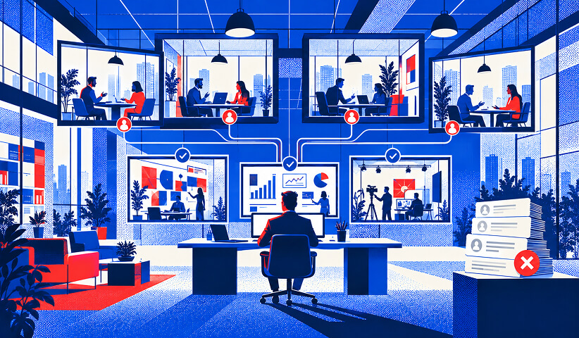 Central marketing manager coordinating multiple specialist teams and reviewing connected projects across creative, analytics, and content production.