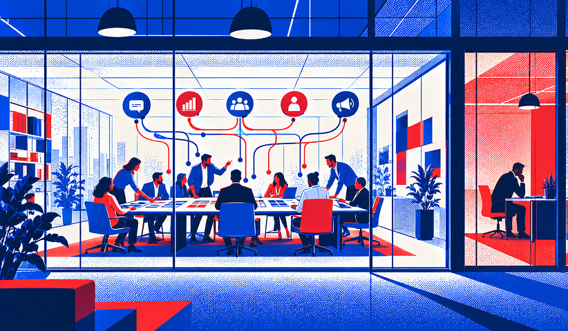 Marketing team collaborating around a conference table beneath a connected network of content, analytics, audience, and advertising icons.
