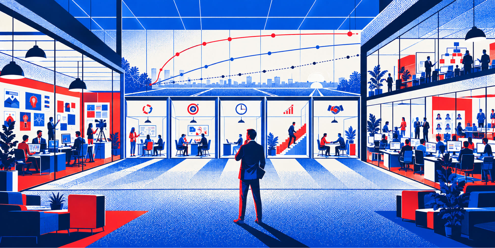 Executive reviewing different agency capabilities and growth stages, with performance lines illustrating different approaches to long-term business growth.