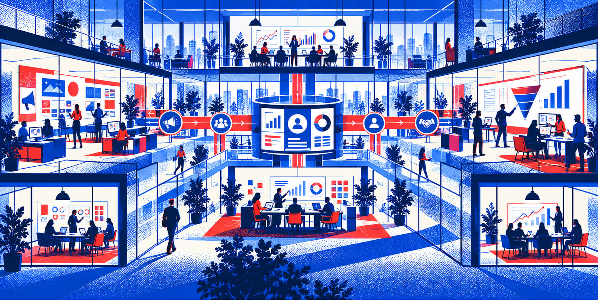 Large integrated agency workspace connecting branding, marketing, audience strategy, sales, analytics, and growth teams through a centralized system.