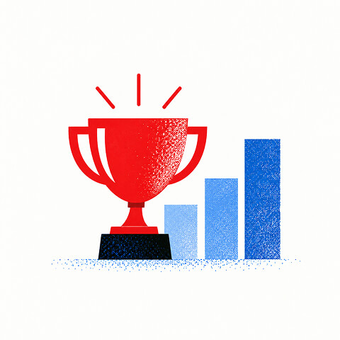 Red trophy positioned beside rising blue bars representing measurable marketing performance and business growth.