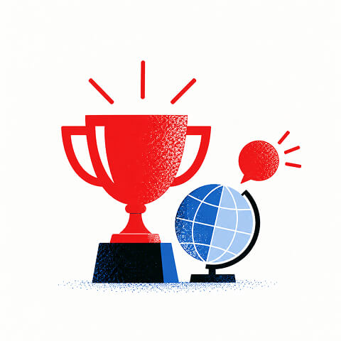 Red trophy beside a blue globe and highlighted marker representing industry recognition and global marketing reach.