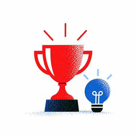 Minimal illustration of a red trophy beside a blue light bulb representing award-winning ideas and creative marketing expertise.