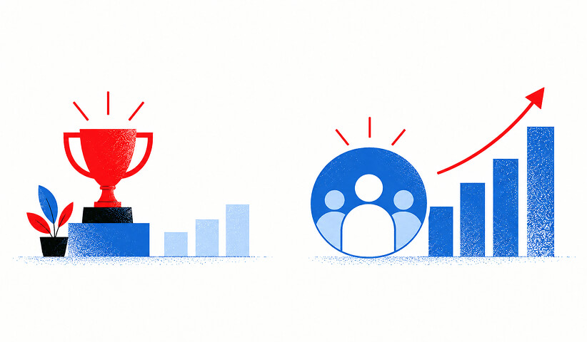 Trophy and audience icons paired with rising performance bars and an upward arrow representing recognition, customer growth, and business results.