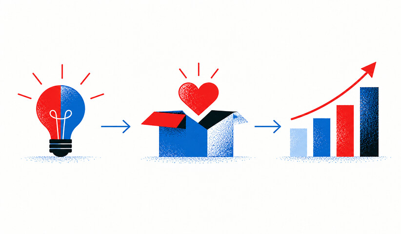 Light bulb leading to an open box with a heart and rising performance chart, representing ideas transformed into valuable marketing outcomes.