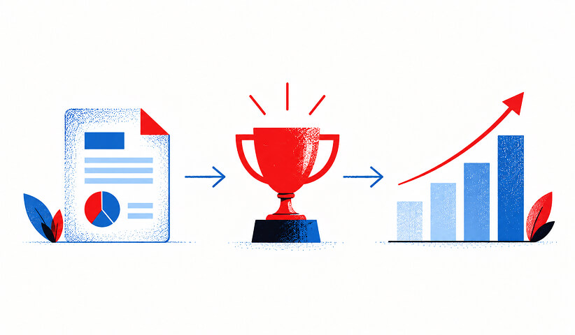 Marketing report leading to an award trophy and rising bar chart, illustrating the connection between strategy, recognition, and business growth.