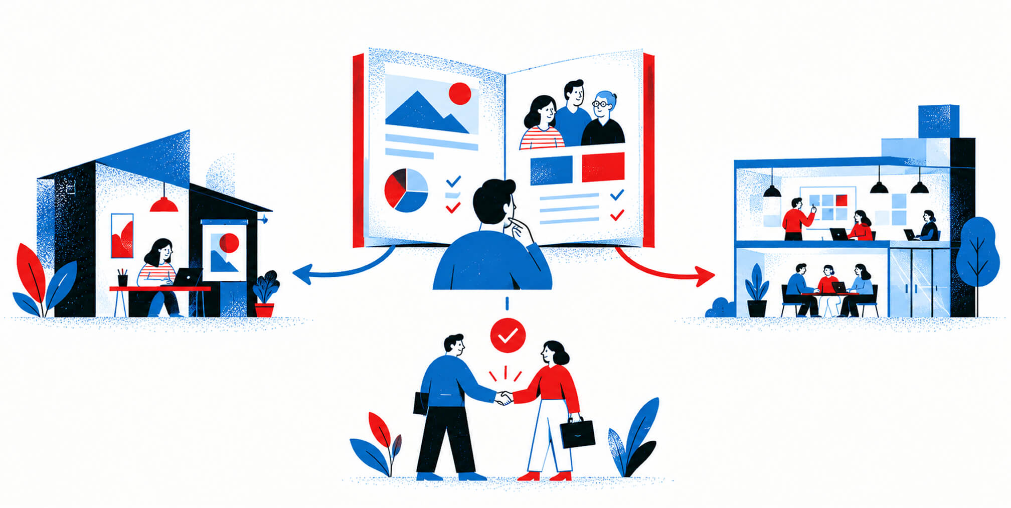 Business professional reviewing a marketing portfolio while comparing independent and larger agency teams before forming a new partnership.