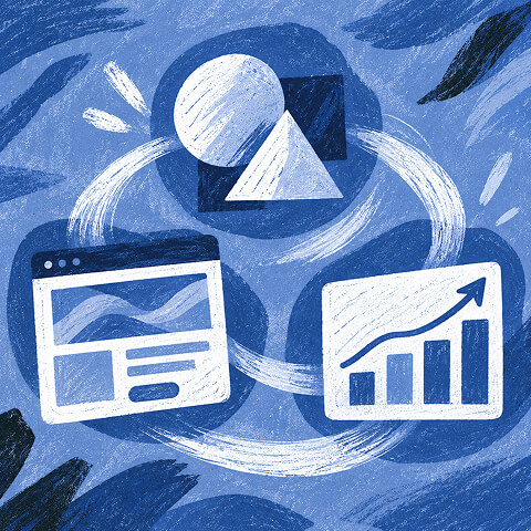 Illustration of connected website, brand, and growth icons representing the relationship between creative strategy and marketing performance.