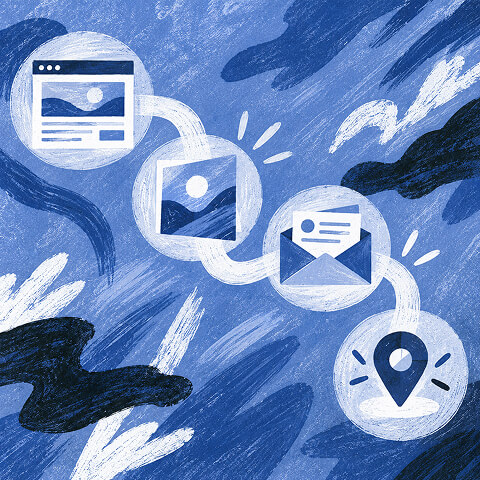 Illustration of a connected customer journey moving from a website to content, email marketing, and location-based engagement.
