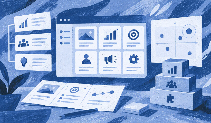 Illustration of a marketing workspace with campaign tools, audience insights, targeting, and strategy resources organized in one system.