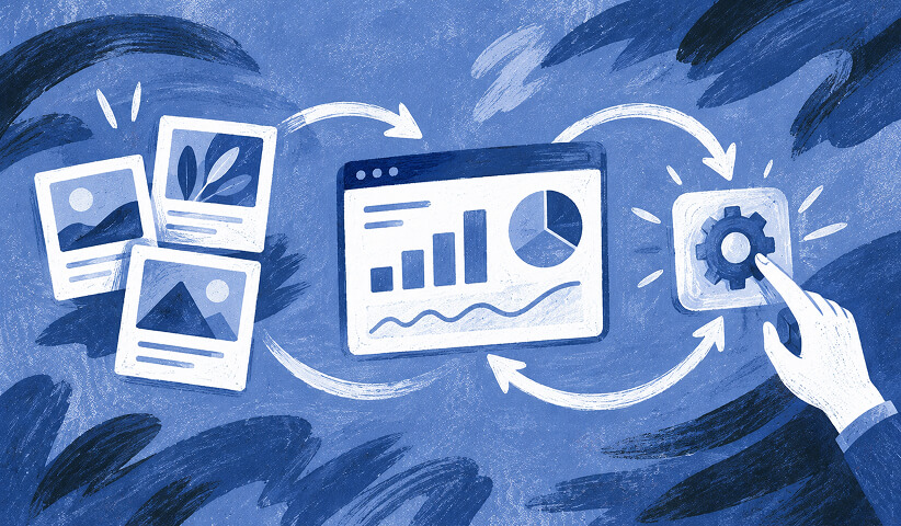 Illustration of creative assets flowing into an analytics dashboard and optimization settings, representing campaign measurement and improvement.