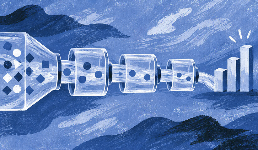 Illustration of a marketing funnel filtering a broad audience into qualified prospects and measurable business growth.