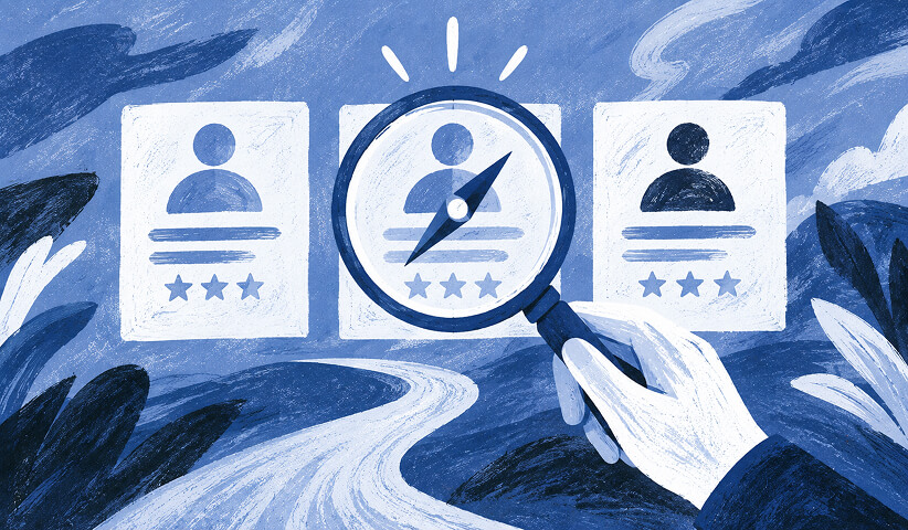 Illustration of three agency profiles with a compass highlighting the central option, representing the process of choosing the right marketing partner.