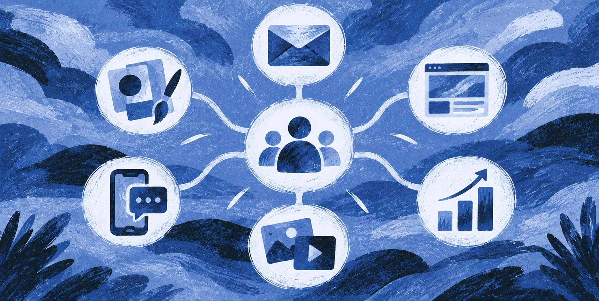 Illustration of an audience connected to email, website, social media, content, and growth channels, representing an integrated marketing strategy.
