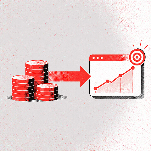 Illustration of marketing investment flowing into a performance dashboard with an upward graph and conversion target.