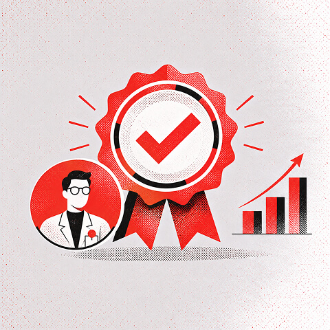 Illustration of an agency quality badge beside a professional profile and rising performance chart, representing proven marketing expertise.