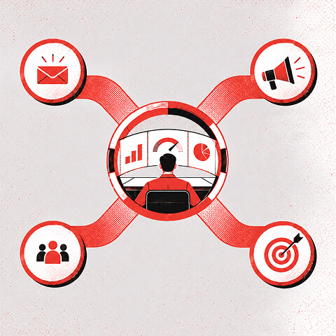 Illustration of a marketer at an analytics dashboard connected to email, advertising, audience, and conversion goals.
