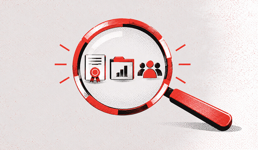 Illustration of a magnifying glass examining credentials, performance data, and audience expertise when evaluating a marketing agency.