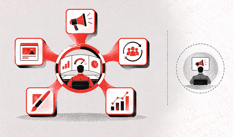 Illustration of an integrated performance marketing system connecting creative, advertising, audience strategy, analytics, and optimization around a central dashboard.