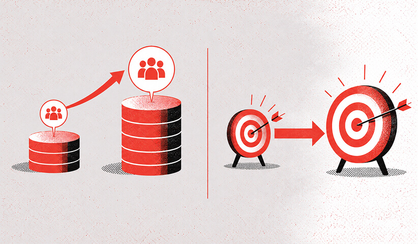 Illustration comparing audience growth and increasingly ambitious performance targets to represent scalable marketing results.