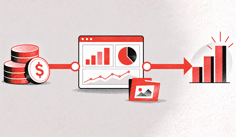 Illustration of marketing investment flowing through an analytics dashboard and creative assets toward increasing business performance.