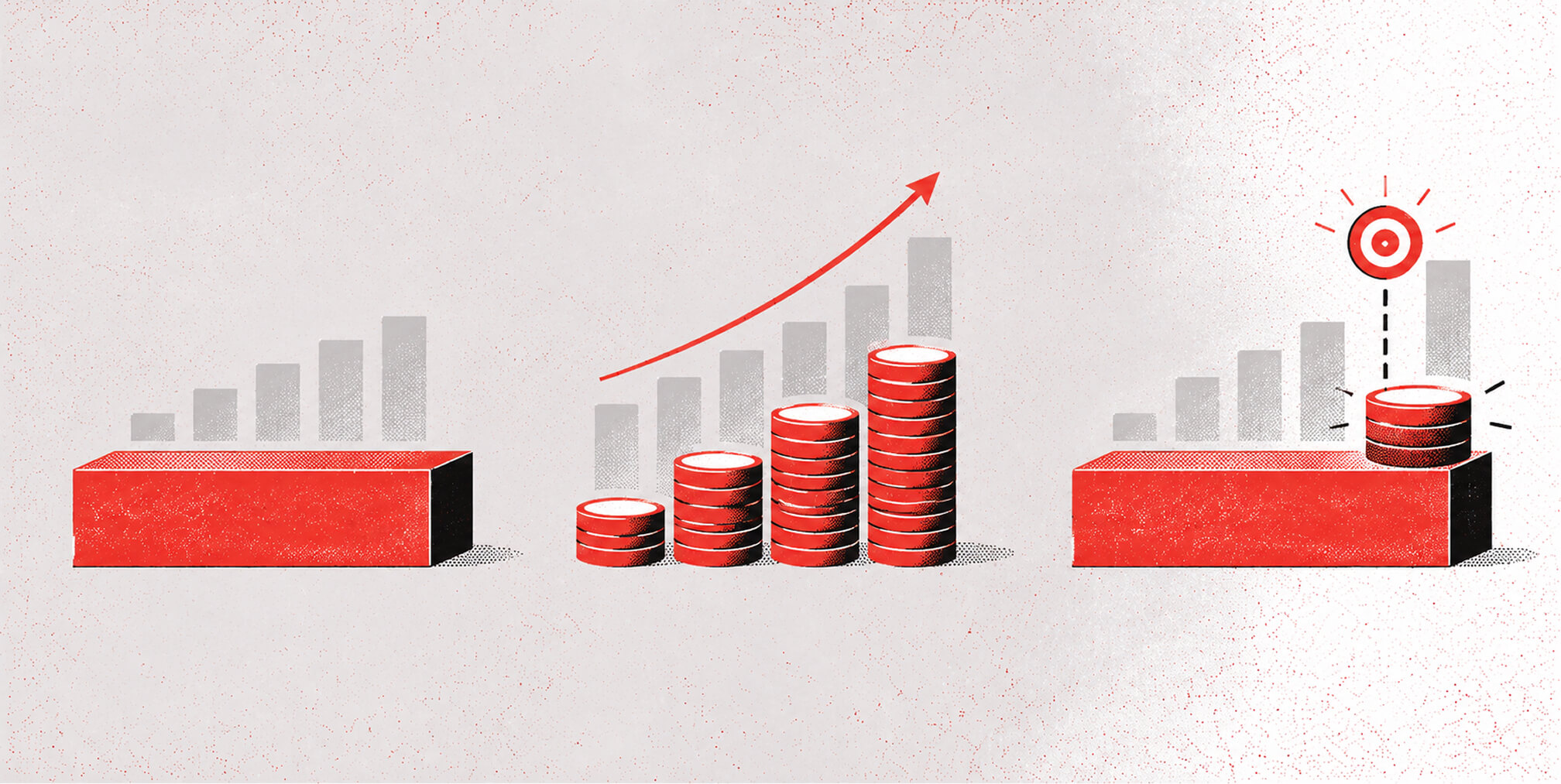 Illustration comparing different levels of marketing investment and growth, with rising revenue stacks, performance charts, and a target.