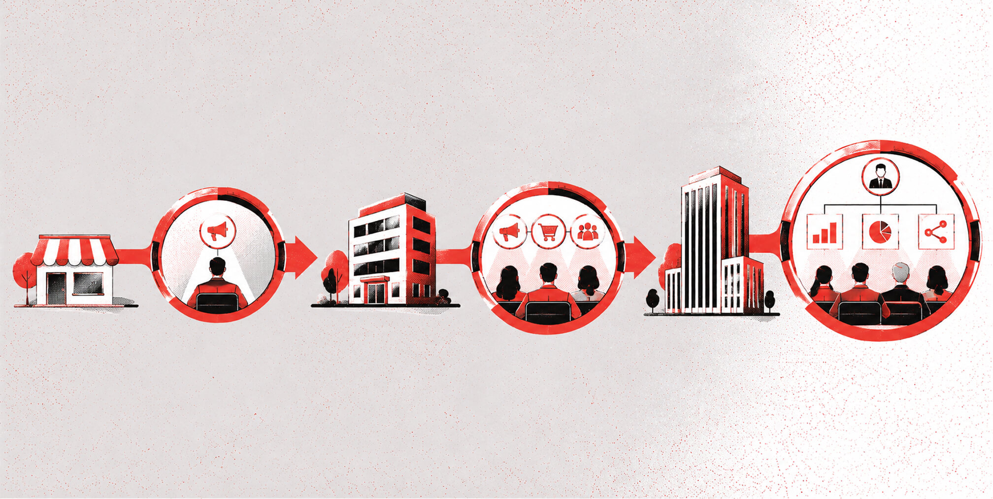 Illustration showing business growth from a small company to a larger organization, with marketing strategy, audience targeting, analytics, and leadership evolving at each stage.