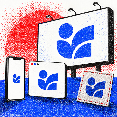 Redesigned brand logo applied consistently across a smartphone, website, billboard, and printed material.